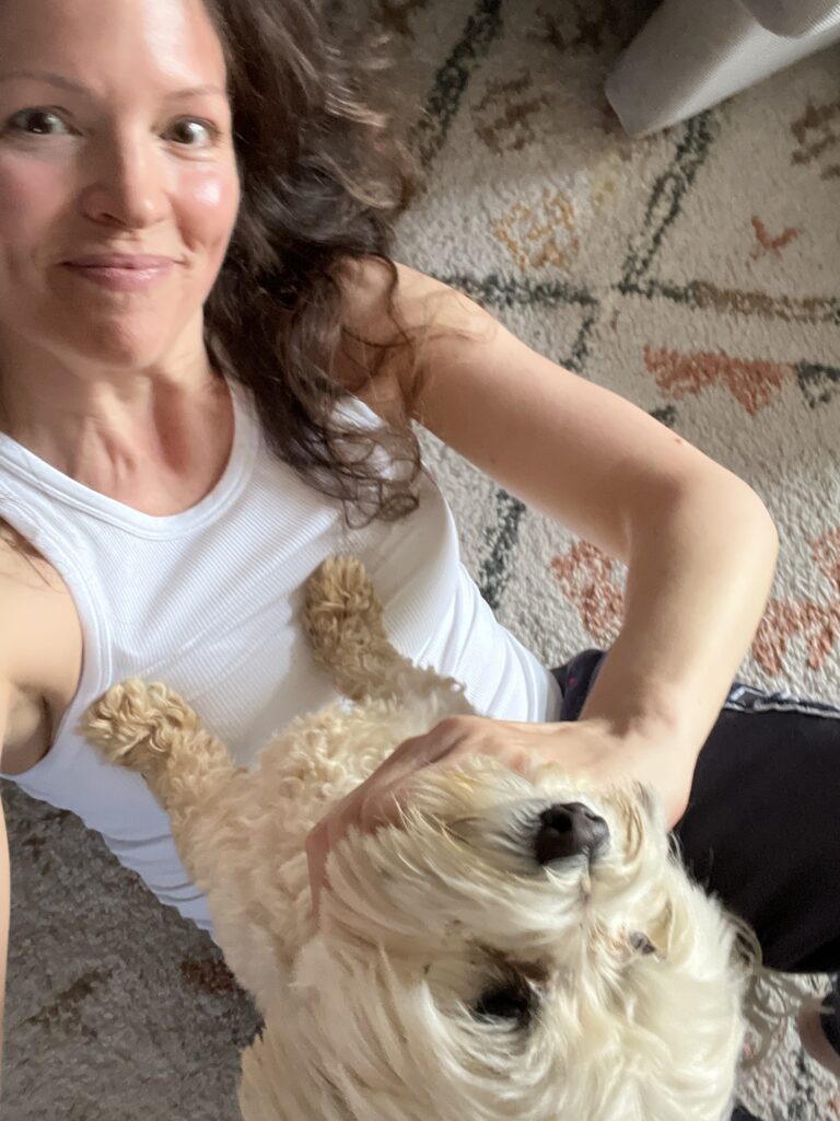 Author with her very dirty Maltese dog named Cheddar. Lessons from a Two-Year Experiment of Eating Poorly